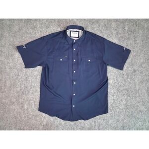 Poncho Outdoors Pearl Snap Shirt Mens L Blue Meta HITT Logo Western Tech